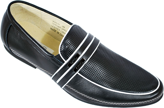 Fratelli Premium Black Perforated Leather With White Piping Loafer Shoes 9042-01 - Click Image to Close